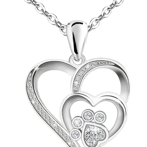 Paw Necklace for Women - Sterlings Silver Cubic Zirconia Dog Cat Pet Paw Print L - Picture 1 of 6